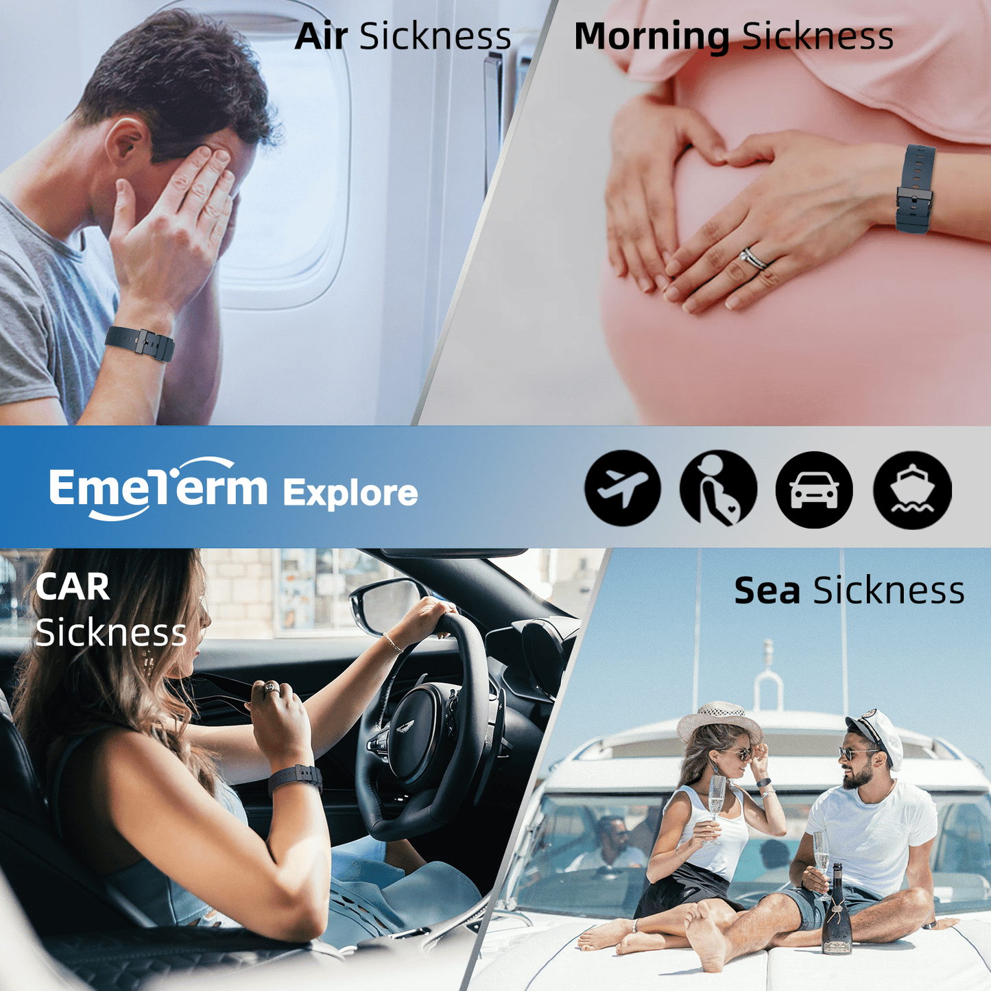 EmeTerm Explore Navy Blue Anti - Nausea Wristband IP67 Waterproof Morning Motion Travel Sickness Vomit Relief Rechargeable Classic Strap Design No Gel Drug Free Without Side Effects - EmeTerm Official Store