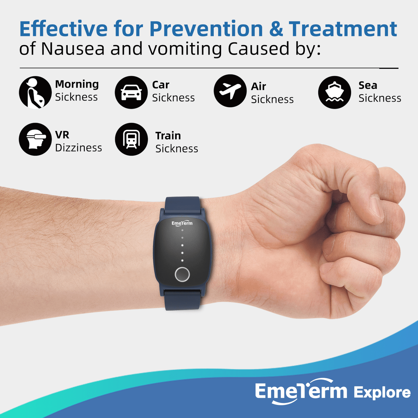 EmeTerm Explore Navy Blue Anti - Nausea Wristband IP67 Waterproof Morning Motion Travel Sickness Vomit Relief Rechargeable Classic Strap Design No Gel Drug Free Without Side Effects - EmeTerm Official Store