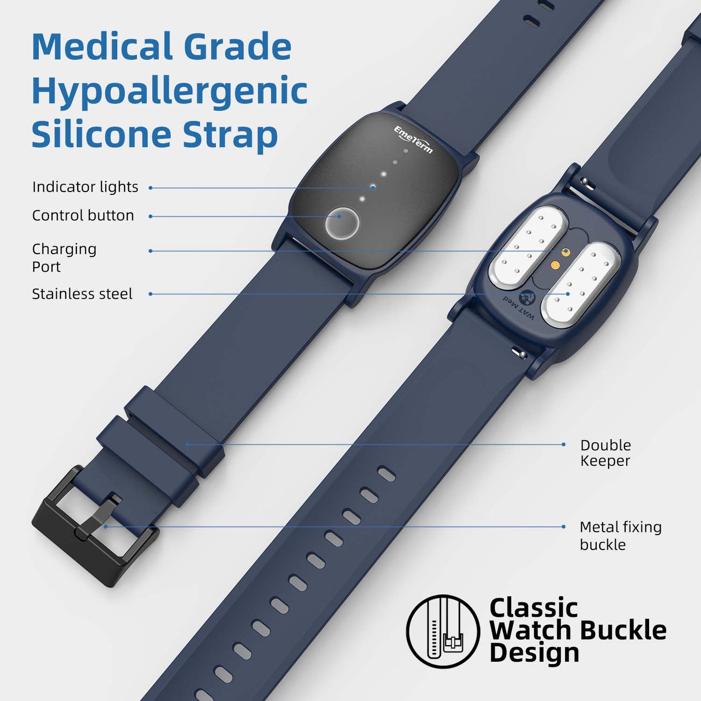EmeTerm Explore Navy Blue Anti - Nausea Wristband IP67 Waterproof Morning Motion Travel Sickness Vomit Relief Rechargeable Classic Strap Design No Gel Drug Free Without Side Effects - EmeTerm Official Store