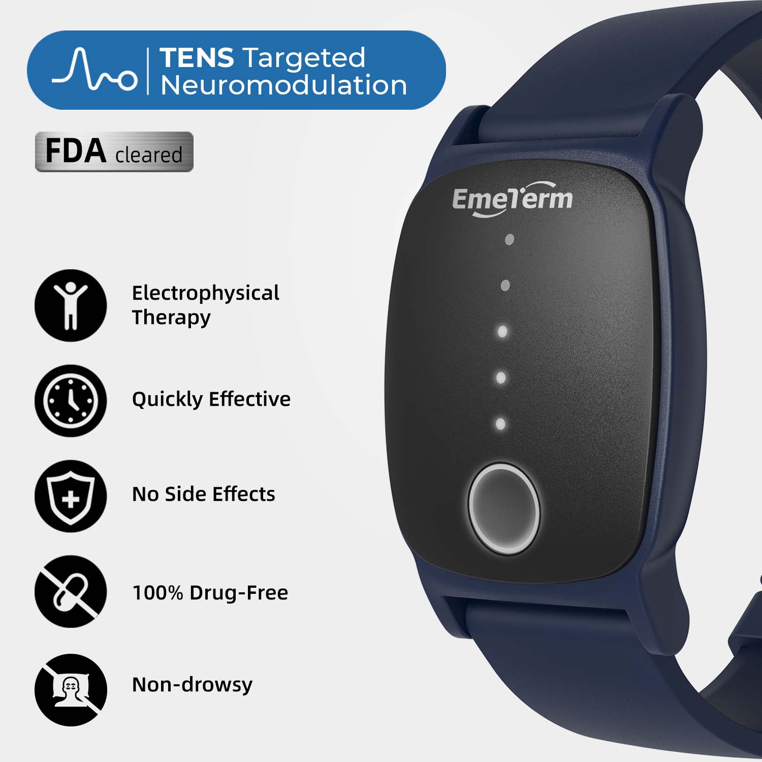 EmeTerm Explore Navy Blue Anti - Nausea Wristband IP67 Waterproof Morning Motion Travel Sickness Vomit Relief Rechargeable Classic Strap Design No Gel Drug Free Without Side Effects - EmeTerm Official Store